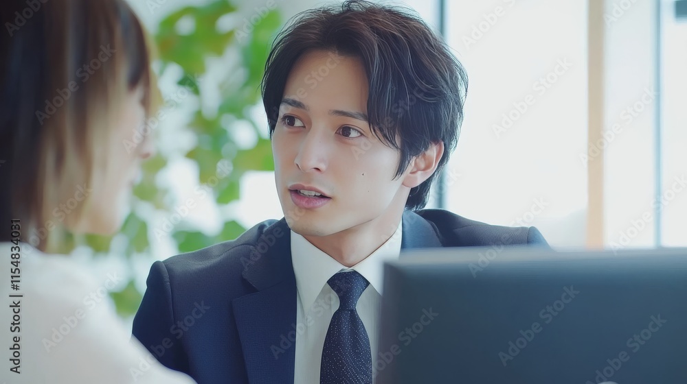 Poster businessman pointing at computer monitor explaining to colleague in office