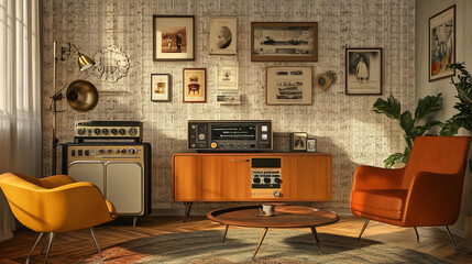 Mid Century Modern Living Room with Vintage Stereo and Decor
