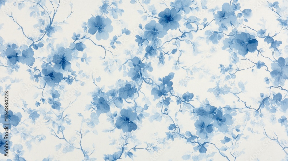 Poster Overhead close-up view of a vintage floral pattern featuring soft blue wildflowers and ornate vines on an off-white background, creating a serene textile design