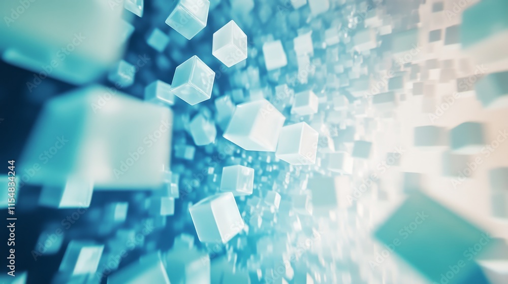 Poster Translucent glass squares in varying sizes float in an organized pattern against a gradient backdrop of blue and white, creating a modern abstract composition