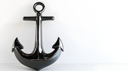 black chrome anchor nautical symbol minimalist white background 3d rendering