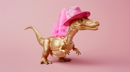 Obraz premium funny golden dinosaur toy wearing pink hat with feather on a soft pink background