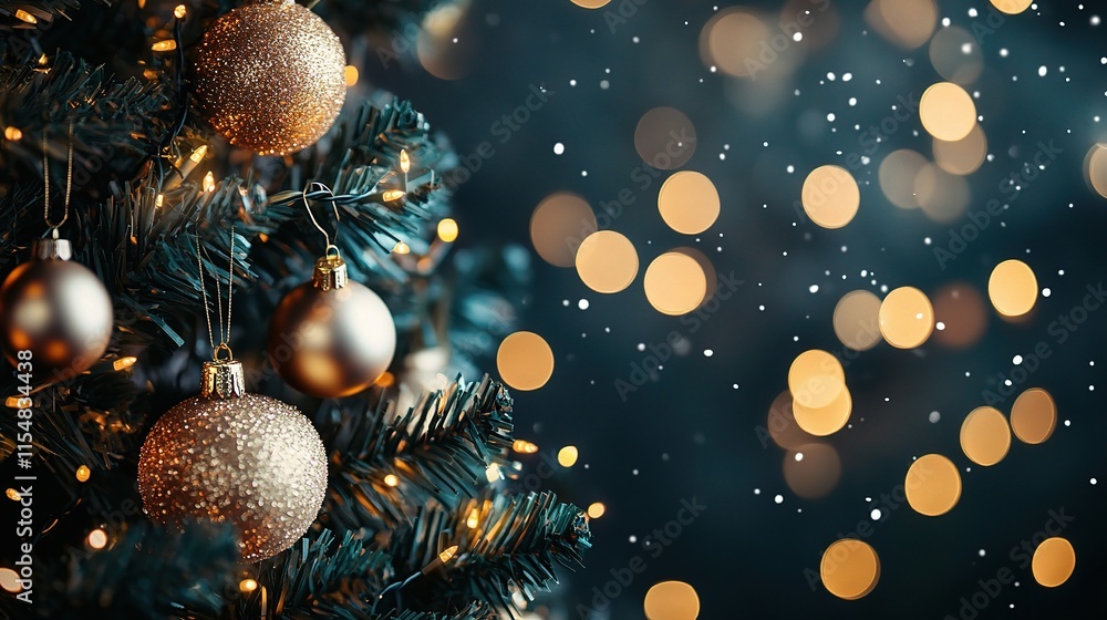 Poster glittering golden particles against dark background with bokeh effect