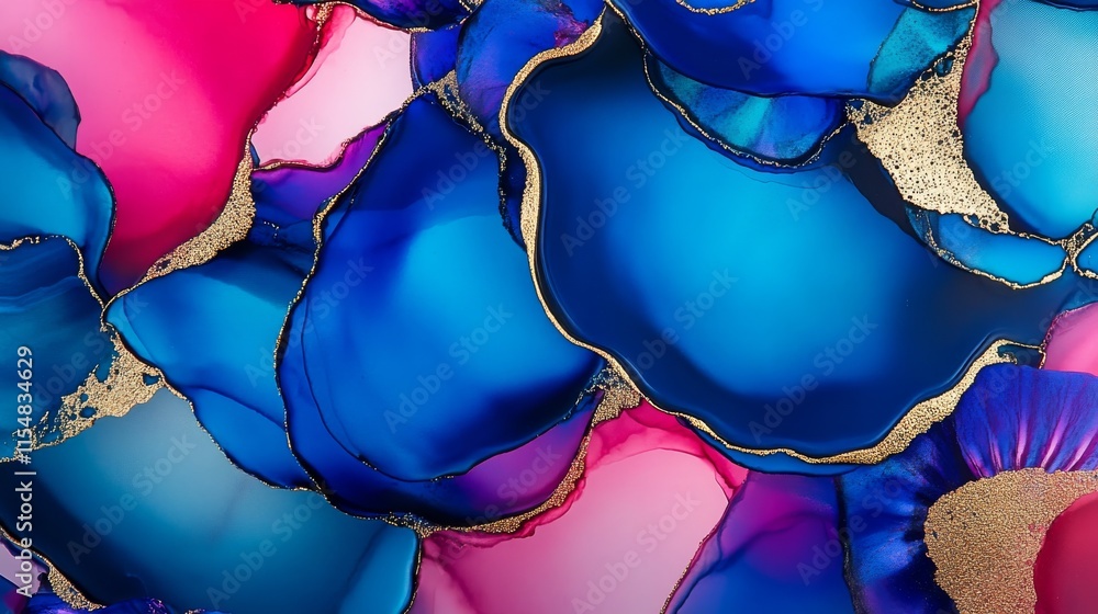 Poster close-up view of a vibrant alcohol ink artwork showcasing swirling blue and pink patterns with golde
