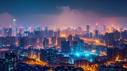 Obraz premium Night Cityscape, Illuminated Metropolis. Concept of Urban Development, Modern Architecture, and Globalisation.