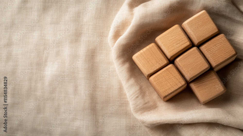 Poster Wooden block letters arranged to form a creative word rest on a textured beige surface, surrounded by soft shadows that enhance the three-dimensional effect