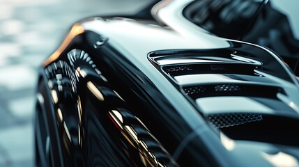 Glossy black sportscar splitter with sleek air vents extreme close up