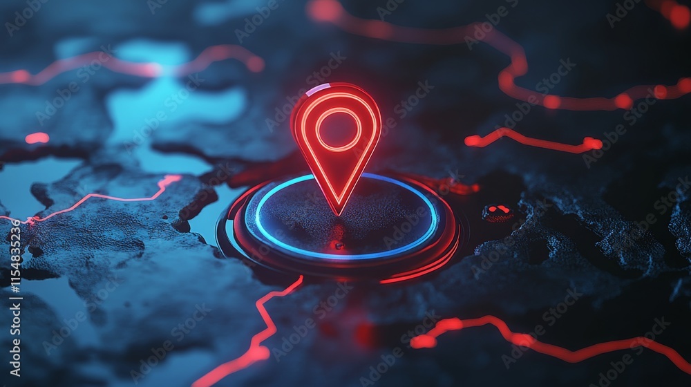 Poster A bold red locator symbol marks a specific point on a vibrant 3D-rendered map, illustrating navigation paths with glowing lines and intricate topographic details