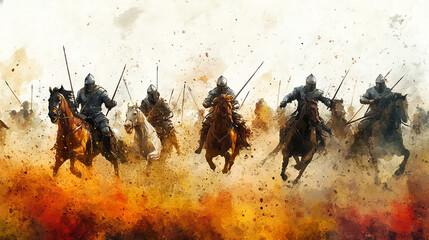Fototapeta premium Knights in full armor charge on horseback through fiery battlefield, with vivid action and swirling dust creating dramatic and intense scene