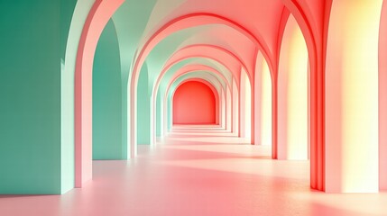 Obraz premium Exploring infinite arches architectural corridor pastel environment mint green design concept
