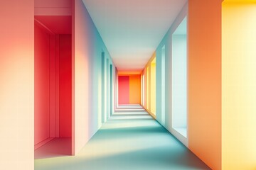 Obraz premium Modern digital artwork a symmetrical hallway with soft gradient colors from peach to mint