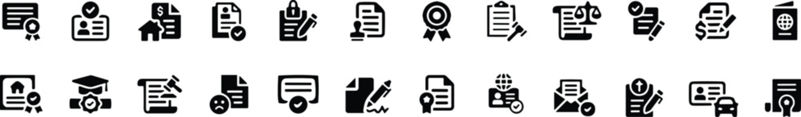 Legal document icon set. Containing contract, agreement, passport, ID card, certificate, license, patent, testament. Vector illustration