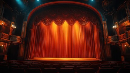 A grand theater stage with red curtains ready for a performance.