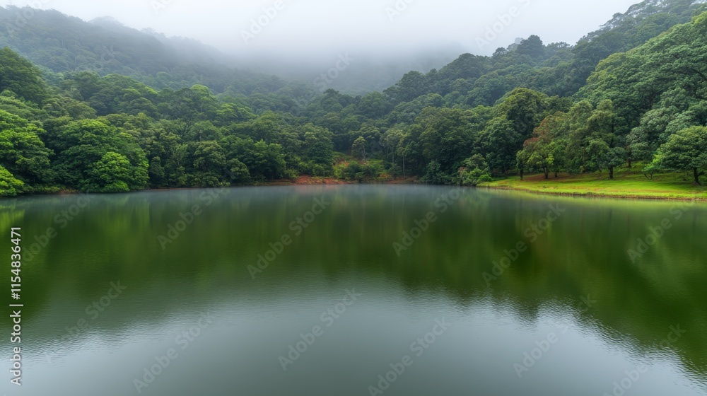 Poster a serene lake surrounded by dense trees and soft swirling mist creates a calming atmosphere, reflect