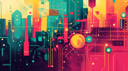 Quantum Neural Network Cityscape: Digital Art, Geometric Patterns, Vibrant Colors