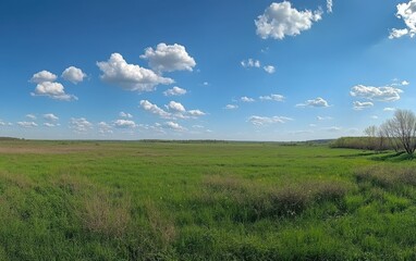 Obraz premium A picturesque spring landscape with a wide green field under a clear blue sky, adorned with soft white clouds. 