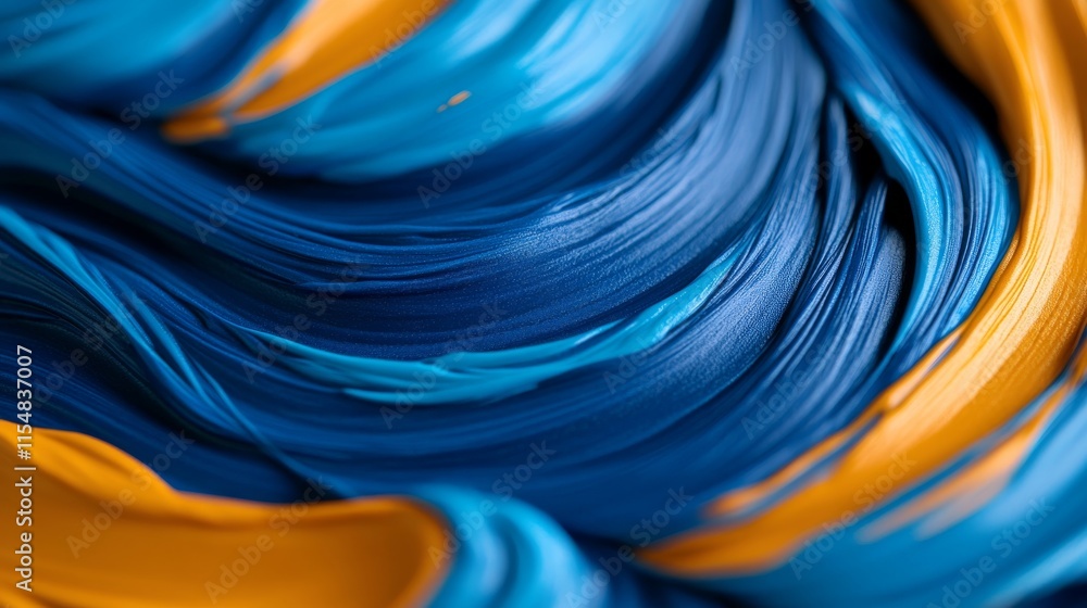 Poster Wide-angle view features vibrant blue and gold brushstrokes layered on textured canvas. Abstract patterns create a lively effect with plenty of copy space available