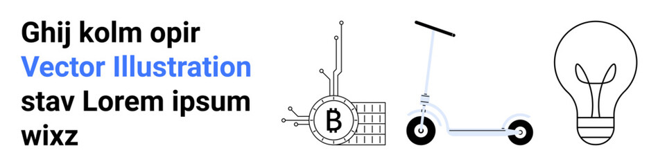 Blockchain components, e-scooter, lightbulb, and placeholder text. Ideal for technology, innovation, cryptocurrency, transportation, education, creative presentations, and engineering. Landing page
