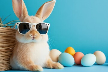 A cute rabbit in stylish sunglasses sits beside colorful Easter eggs, capturing the joyful spirit of Easter and the warmth of family gatherings during this delightful time of year