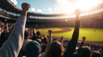 Fans with hands raised cheer energetically in a vibrant baseball stadium as a batter takes a swing during a sunny afternoon game