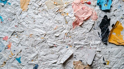 Abstract textured background with colorful paint fragments and splatters on a white surface.