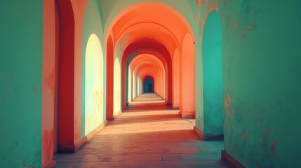Naklejka premium Capturing architectural beauty vibrant arches mint and coral gradient urban landscape wide angle artistic photography