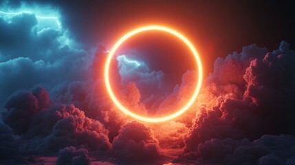 Illuminated 3D Abstract Cloud with Neon Light Effects in Sky