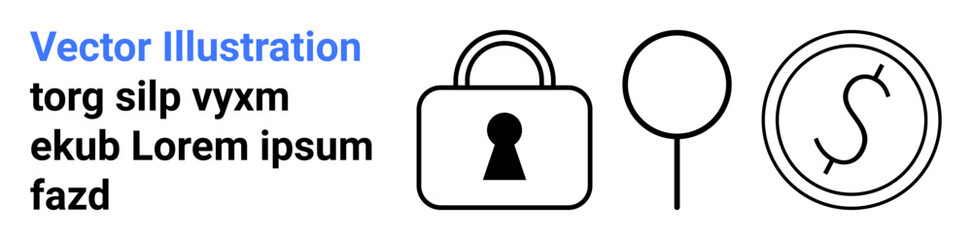 Padlock, magnifying glass, and dollar sign connected. Ideal for online security, privacy, financial services, data protection, banking encryption cybersecurity and mobile apps. Landing page