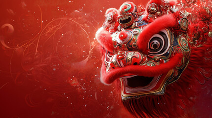 Vibrant Lion Dance on Red Backdrop for Chinese New Year Celebration Copy Space