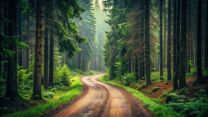 Obraz premium A winding dirt road through a mystical evergreen forest bathed in soft morning light