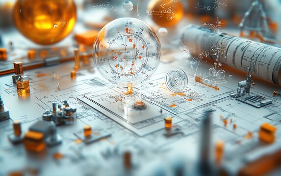 3D illustration of science and algebra concepts, featuring mathematical symbols, equations, and scientific tools in a creative, dynamic design