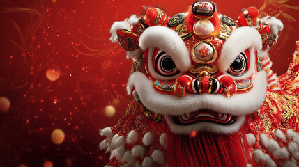 Vibrant Lion Dance on Red Backdrop for Chinese New Year Celebration Copy Space