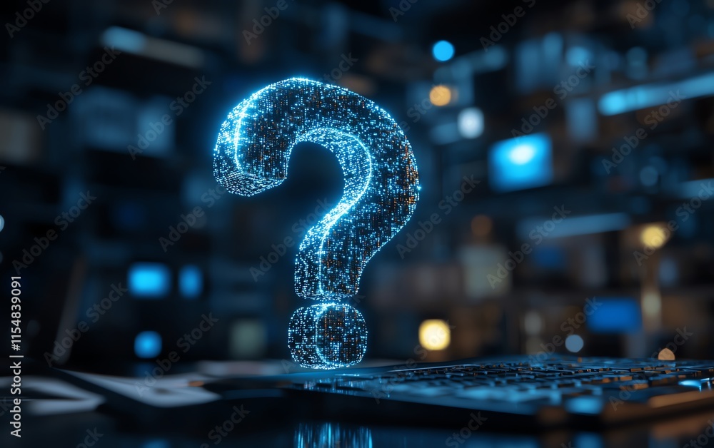 Poster business workspace featuring question mark holograms overlay on a sleek, technologybased background,