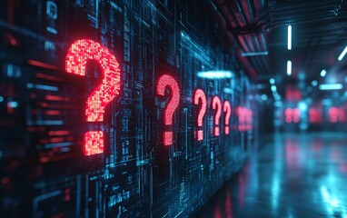 Fototapeta premium Business workspace featuring question mark holograms overlay on a sleek, technologybased background, problemsolving concept