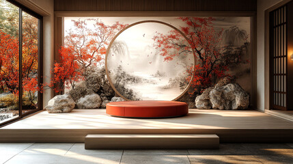 Red podium in minimalist Asian interior with autumnal landscape art.