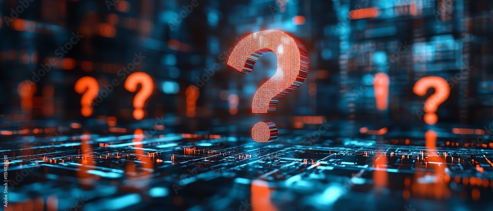 Poster business workspace with floating question mark holograms, hightech background, representing strategy