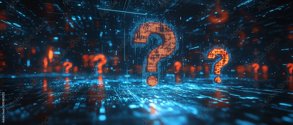 Poster business workspace with floating question mark holograms, hightech background, representing strategy