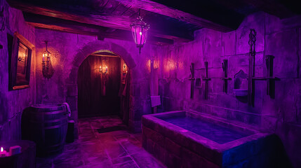 Medieval Escape Room Purple Lighting Immersive Atmosphere Puzzles Cinematic