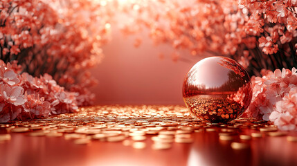 Fototapeta premium Reflective sphere amidst peach blossoms and gold confetti.