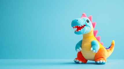 Fototapeta premium Plush dinosaur toy with rainbow colored scales isolated on sky blue background