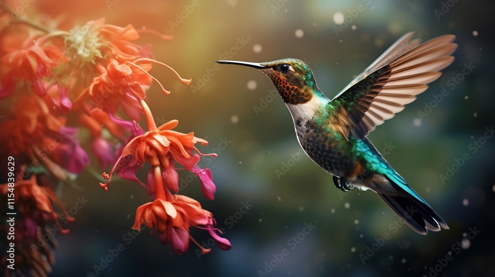 Poster stunning close up of a hummingbird hovering mid air while feeding nectar from a colorful vibrant flo