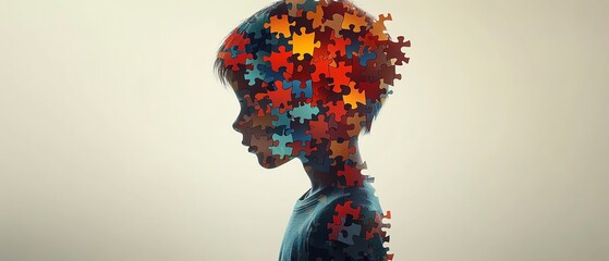 Child silhouette with colorful puzzle pieces, symbolizing autism and complex cognitive processes, mental health awareness