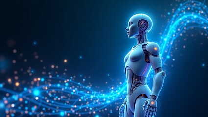 A futuristic illustration of artificial intelligence represented by a glowing humanoid robot, surrounded by digital data and neural networks.