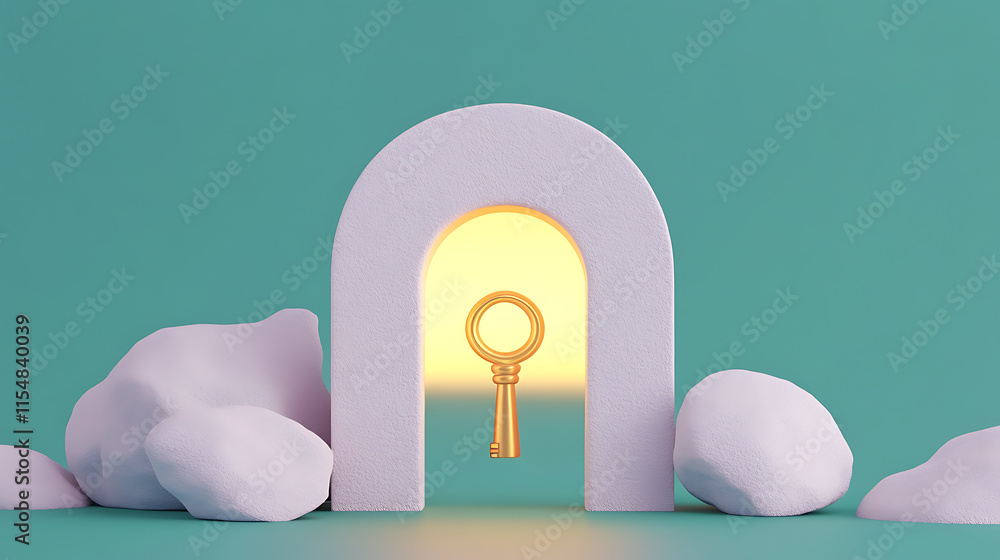 Poster unlocking opportunities key through archway digital art minimalist style calm environment close-up v