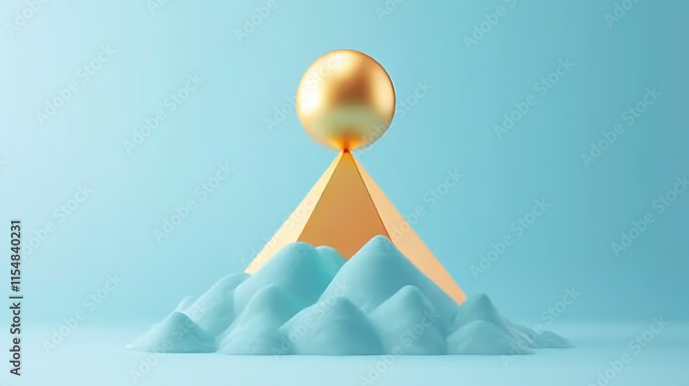 Poster dynamic golden sphere on snowy mountain peak 3d render abstract art minimalist style soft color pale