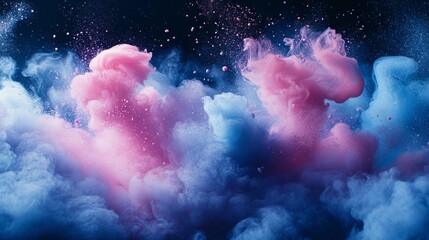 Fototapeta premium Bright pink and blue smoke mixing and twisting on a black backdrop, with a glowing ethereal effect