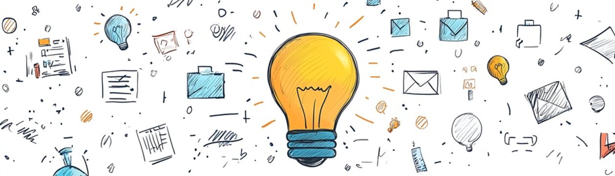 Colorful handdrawn doodle of business strategy, brainstorming, idea generation, planning, and product on a white background
