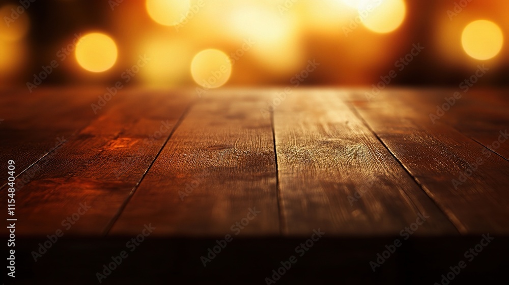 Poster empty wooden tabletop with soft blurred bokeh lights background