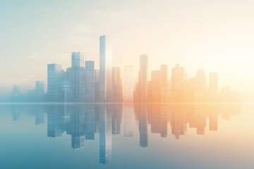 Fototapeta premium Futuristic Cityscape Reflection: 3D Rendered Skyline at Sunset