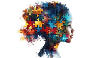 Creative illustration of a childs head silhouette filled with colorful puzzle pieces, representing autism and mental health awareness, World Mental Health Day